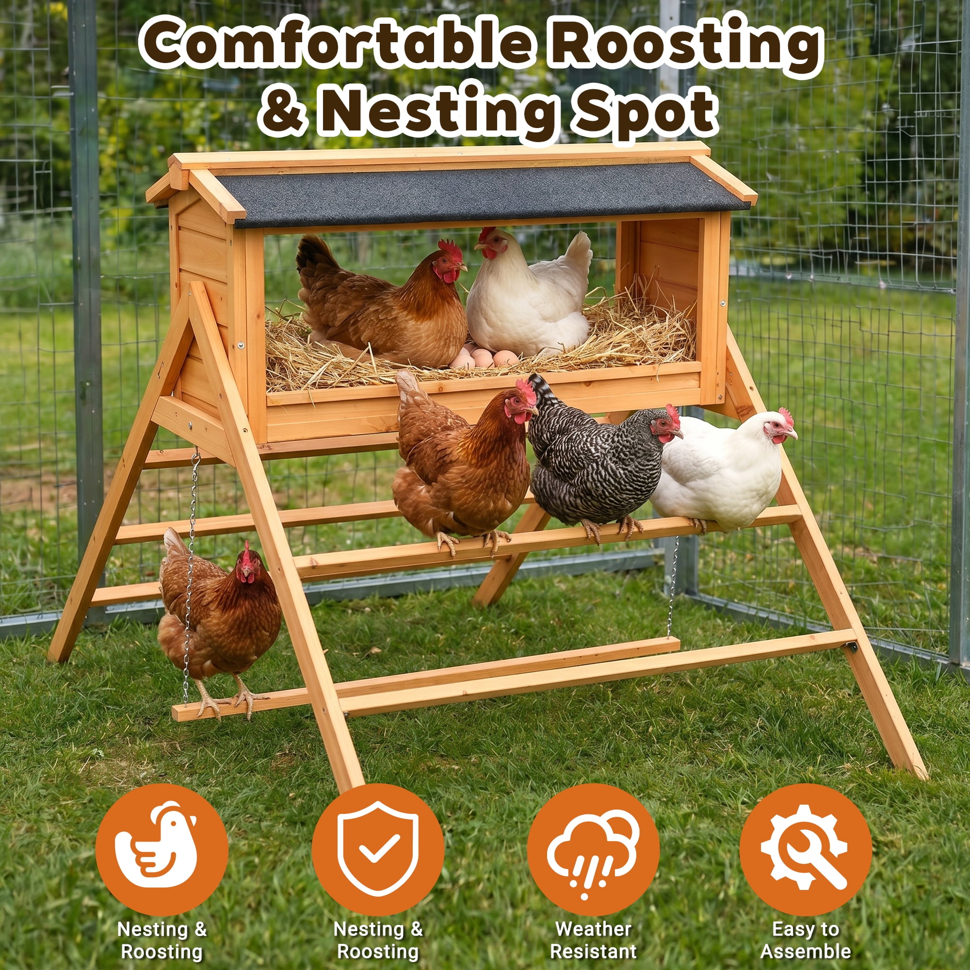 Wooden Chicken Nesting Box with Asphalt Roof, Perch and Swing, Waterproof Poultry Nesting House for Chicken Coop