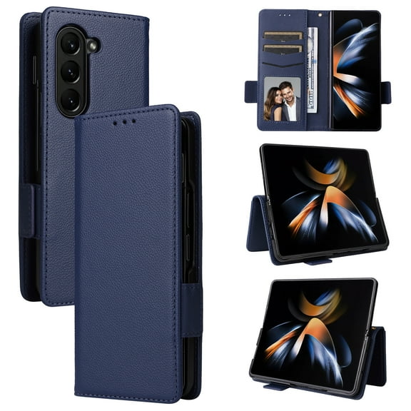 for Samsung Galaxy Z Fold 5 Wallet Case with RFID Blocking Credit Card Holder, Lichee Patterned Luxury PU Leather Folio Flip Kickstand Protective Shockproof Cover Women Men Phone Case,Darkblue