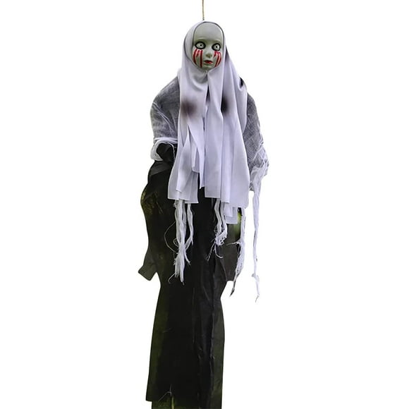 Animated Halloween Decorations Outdoor Scary Haunted House Prop Decor Party Hanging Screaming Bride Ghost Skull with Voice Activated Scary and Flashing Eyes Creepy