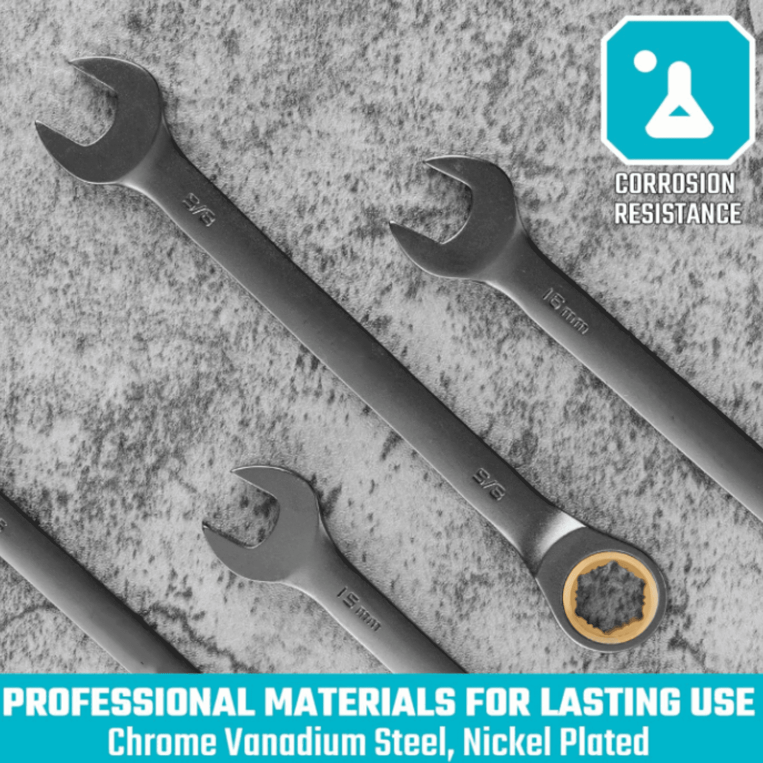 Anti-Slip Ratcheting Wrench Set, Combination Wrench Set, 22-piece, Metric & SAE, 1/4" to 3/4" & 6-18mm, 72-Tooth, CR-V Steel, Nickel Plating, with Pouch