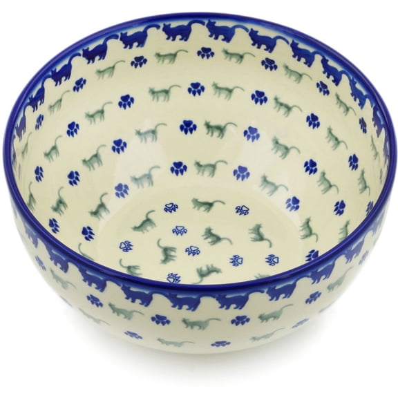 Polish Pottery 9-inch Bowl (Boo Boo Kitty Paws Theme) Hand Painted in Boleslawiec, Poland   Certificate of Authenticity