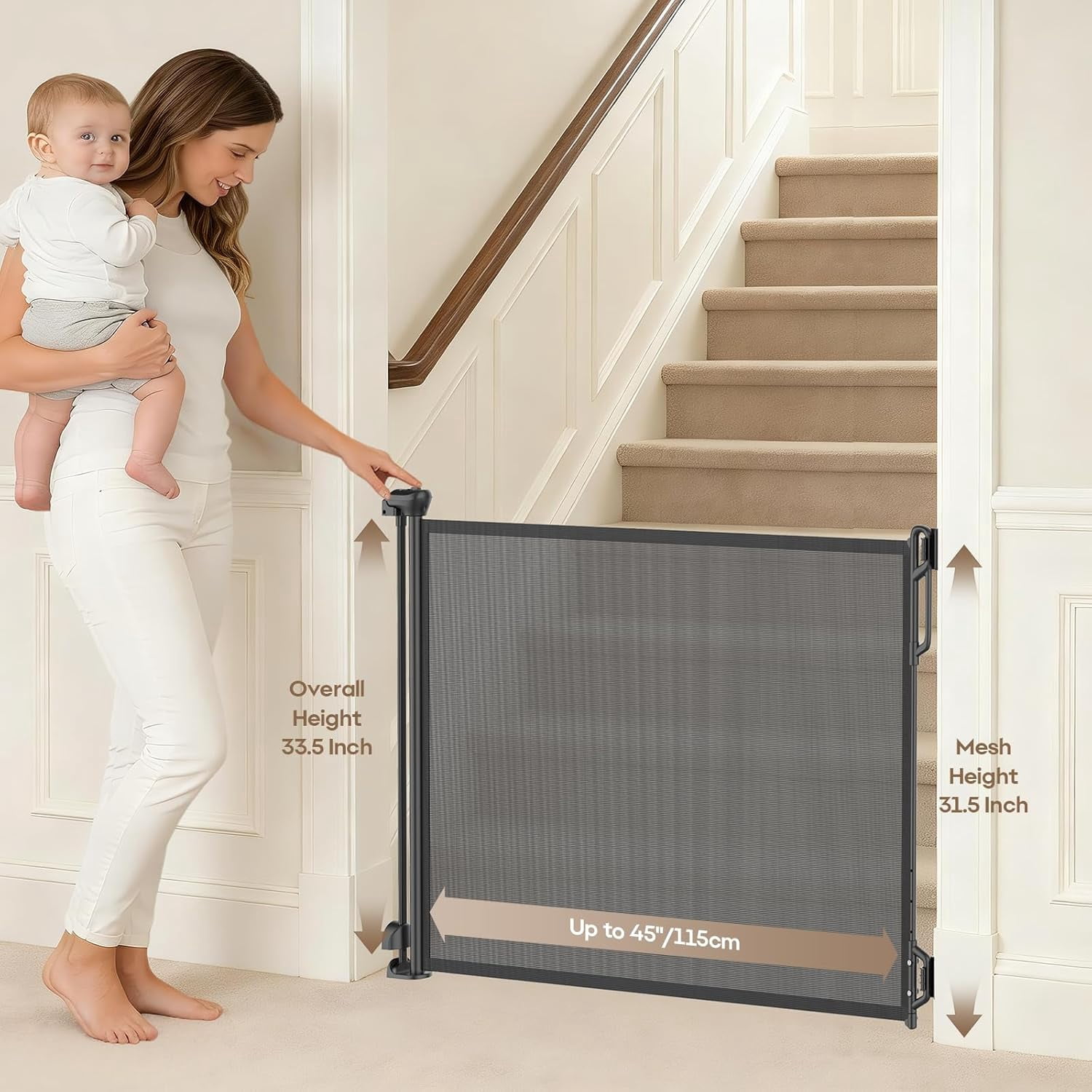Retractable Safety Baby Gate or Mesh Dog Gate,Durable Portable Mesh Retractable Gate,Easy to Use for Stairs, Doorways, Hallways, Indoor, Outdoor, 33.5" Tall, Up to 55" Wide, Cream