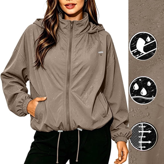 Usloyux Women's Solid Color Zip Up Outdoor Hiking Jackets Hooded Windbreaker Coats Lightweight Fall Winter Outerwear, Khaki M