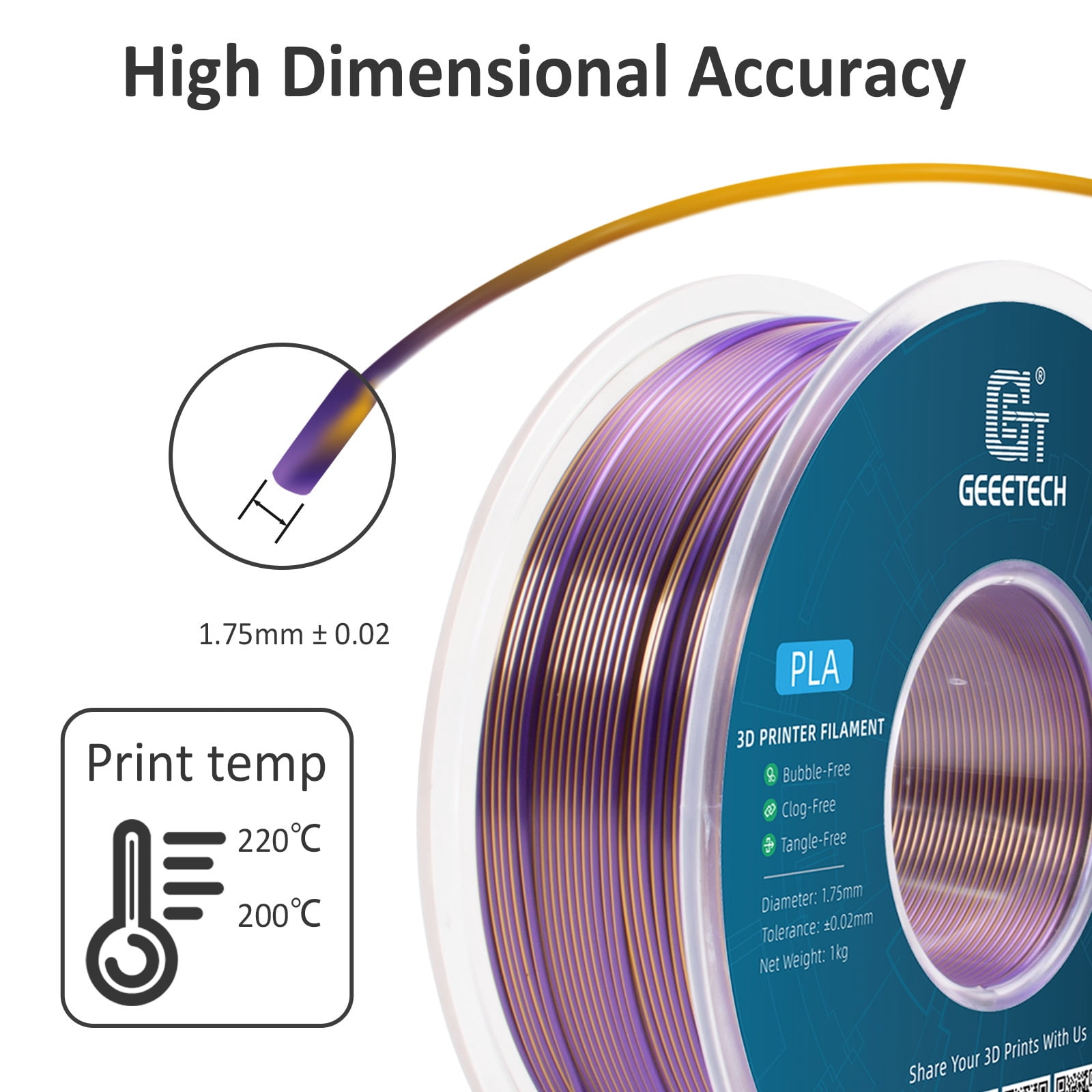 Geeetech 5pcs anti-pulling type 3D Printer PLA Filament 5KG（11ibs） Toughness Enhanced Filament with 1.75mm Dimensional Accuracy +/-0.03mm, Vacuum Packaging Two-tone purple and gold