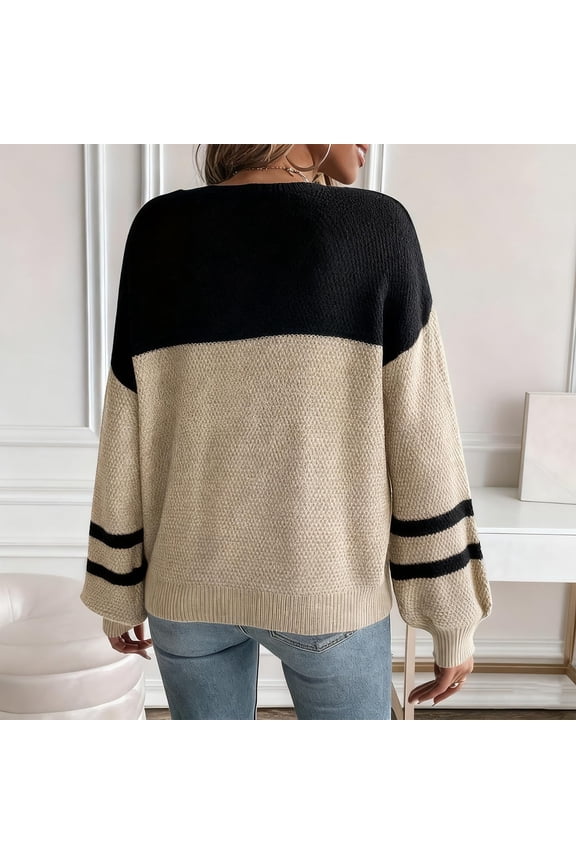 Women's Color Block Sweater, Panel Design Knit Pullover, Loose Fit Crewneck Top, Two-Tone Long Sleeve Blouse, Casual Color Contrast Knitwear for Women Black S