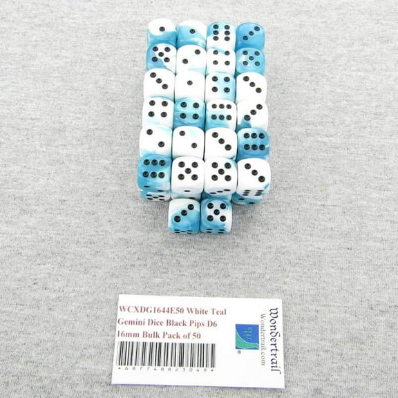 White and Teal Gemini Dice with Black Pips D6 16mm (5/8in) Bulk Pack of 50 Wondertrail