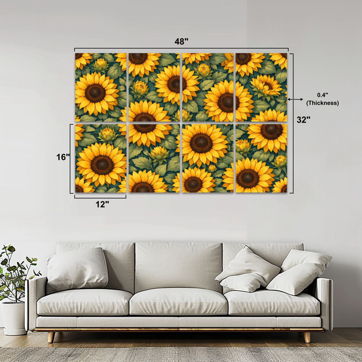 8 Pack Art Acoustic Panels Sunflower Seamless Yellow Blooms Dark Leaves Botanical Self Adhesive Absorbing Dampening Panels Self Adhesive for Nursery Game Room Bedroom 48"x32"