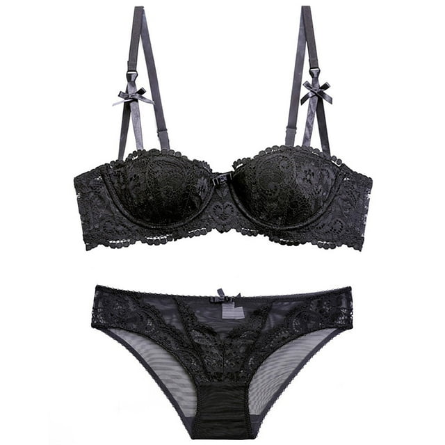 Gibobby Ropa interior mujer Conjunto de Lencería Sexy para Mujer Ropa Interior de Encaje Interior con Cuello V Ropa de Dormir(Negro, 70C)