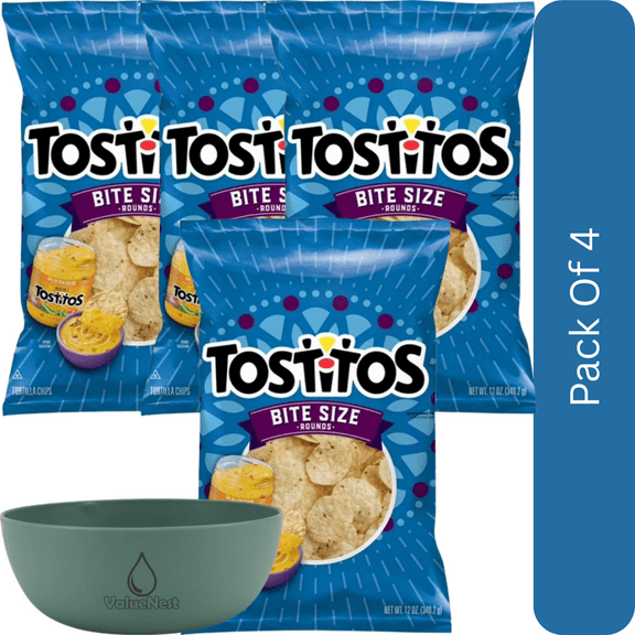 Tostitos Bite Size Rounds Tortilla Chips, 12 oz Bag-4pk, With Olive Green Bowl By ValueNest