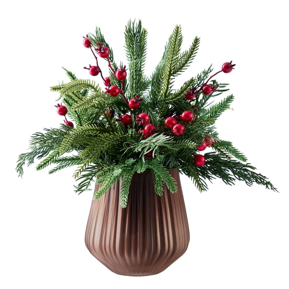 Better Homes & Gardens 13"H Artificial Real Touch Pine Arrangement in 5.5"H Frosted Glass Vase Made for Tabletops - 3.08 lbs