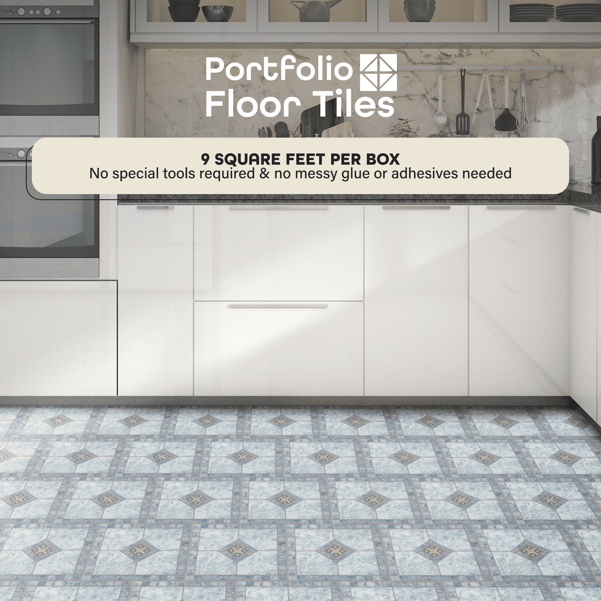 Achim Portfolio Self Adhesive Vinyl Floor Tile - 9 Tiles/9 Sq. ft., 2.0mm, 12 x 12, Blue Diamond