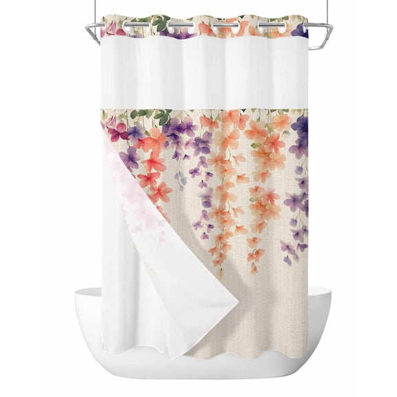 No Hook Cloth Fabric Shower Curtain with Snap in Liner, Spring Floral Waterproof Shower Curtains Set with See Through Top Window, Wildflower Beige Retro Garden Pastoral Bath Curtains Shower 54"x78"
