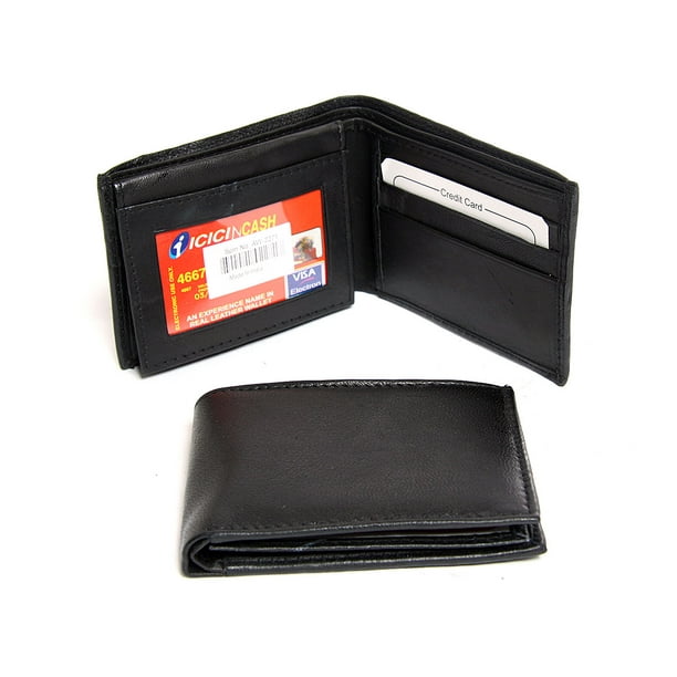 Men's Leather 6 Credit Card 2 ID Window BiFold Black Wallet 4.25 x 3.25