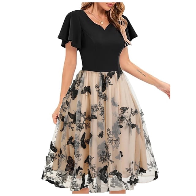 FcBaudy Robe à Manches Courtes Col en V Hauteur Genou, Robes d'Été pour Femmes, Robes pour Femmes Robe de Cocktail Formelle pour Invité de Mariage Robe pour Femmes