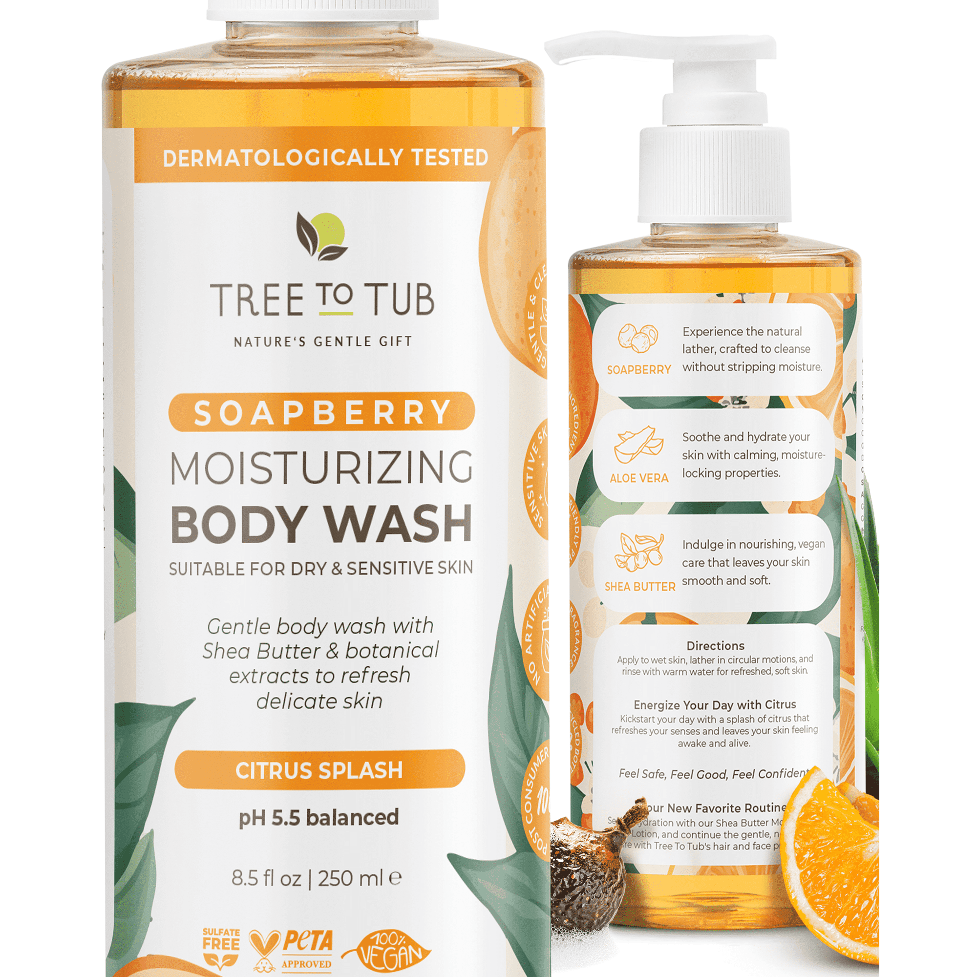 Tree To Tub Citrus Body Wash for Dry Skin & Sensitive Skin - pH Balanced Moisturizing Body Wash, Hydrating Sulfate Free Body Soap for Women & Men
