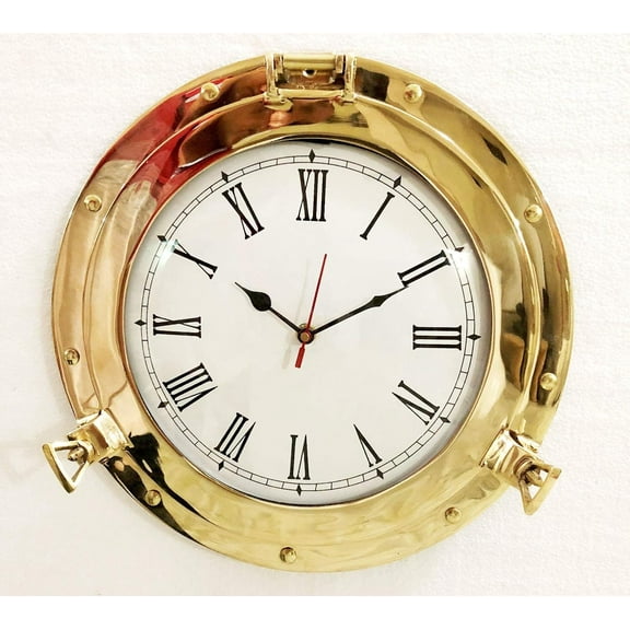 12" Antique Marine Solid Brass Ship Porthole Analog Clock Nautical Wall Hanging Clock Home Decor
