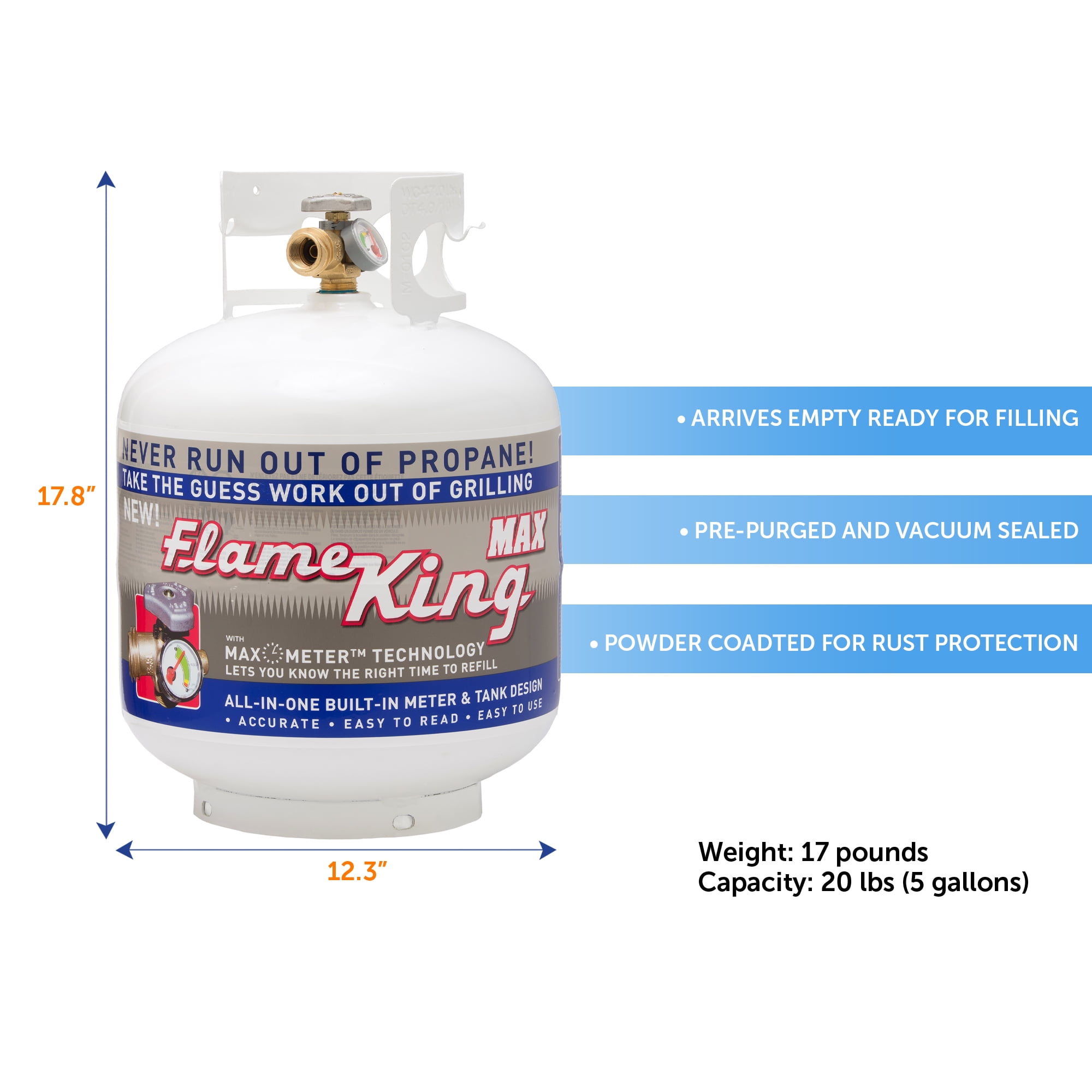 Flame King 20 lb Steel Propane Cylinder Tank with Built-in Gauge, OPD Valve, Pre-Purged, DOT & Transport Canada Certified, Empty LP Gas Tank