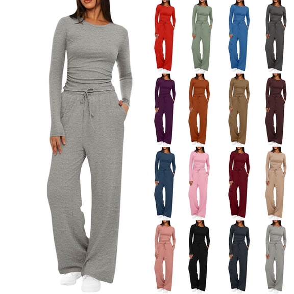 Womens 2 Piece Lounge Set Long Sleeve Crewneck Top Drawstring Elastic Waist Wide Leg Pants Solid Gym Workout Sets Comfy Soft Loungewear with Pockets