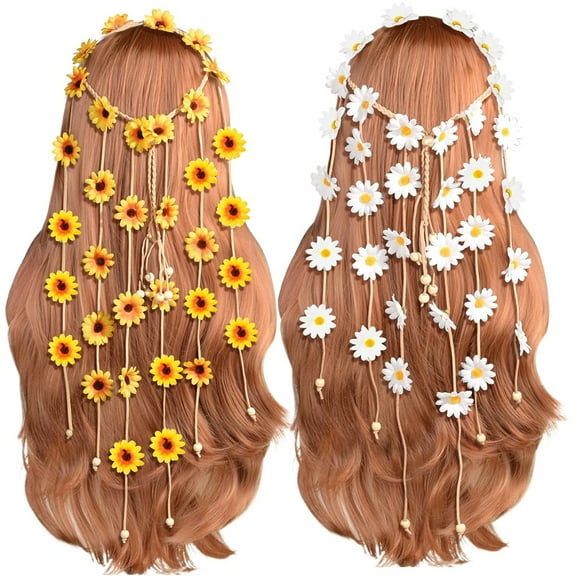 GIXUSIL 2Pcs Flower Hippie Headband, Sunflower Crown Daisy Hair Wreath, Sunflower Headpiece for Summer Bridal Headpiece Photo Props Hair Accessories (White, Yellow)