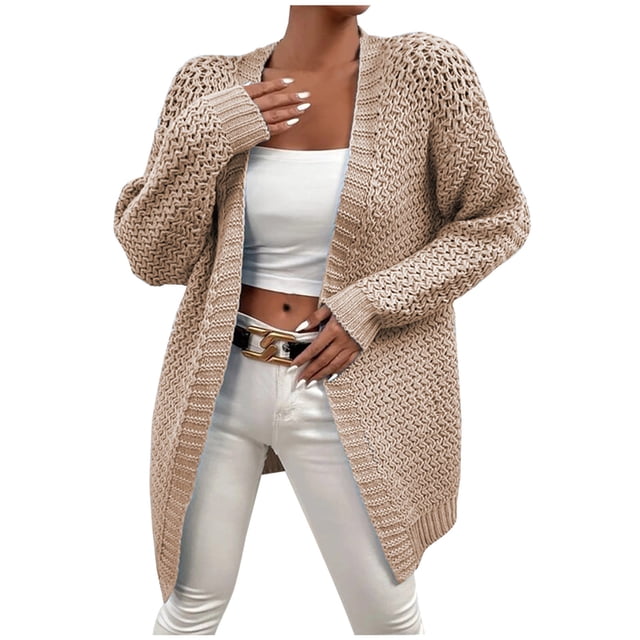 IROINID Women's Cardigans Sweater Solid Color Leisure Mid-Length Long Sleeve Knitting Cable Sweaters Tops