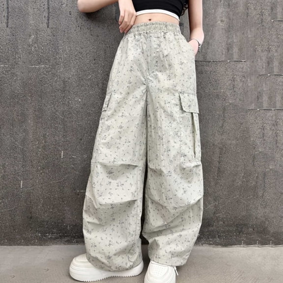 Girls Floral Cargo Pants Elastic Waist Wide Leg Baggy Trousers with Multi Pockets, For Outdoor Hiking Travel Gray 10-11Y