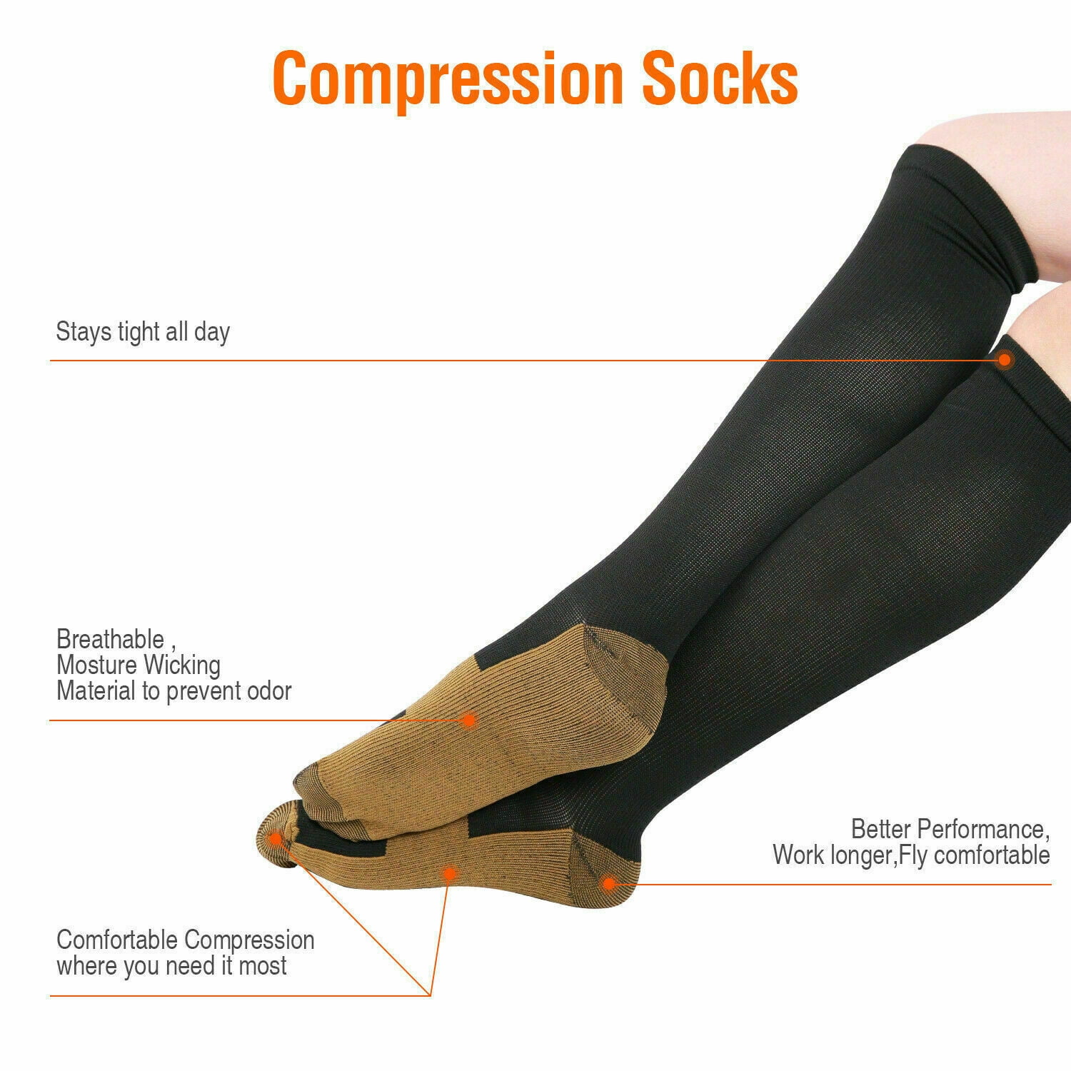 5 Pairs Copper Compression Socks 20-30mmHg Graduated Support Mens Womens Knee High Comfort Gym Stockings Leg Pain Relief Varicose Vein Relief Pain Support Socks S/M