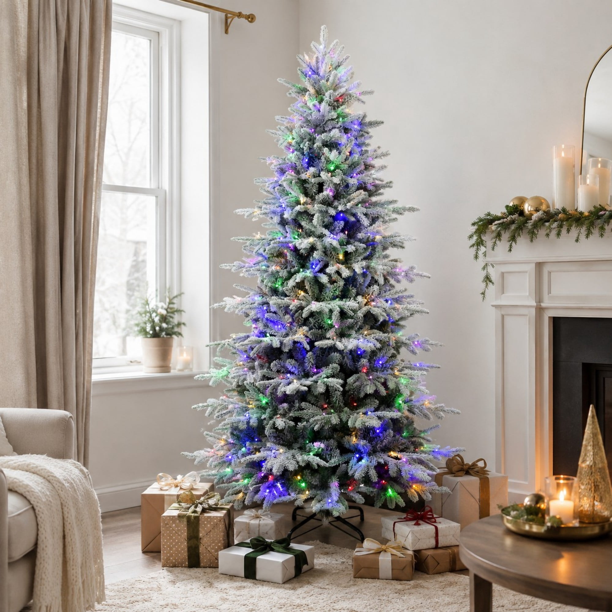 DEALTOPS 8 FT Snow-Flocked Pre-Lit Artificial Christmas Tree with 520 Color-Changing 9-Mode LEDs, 3136 Tips