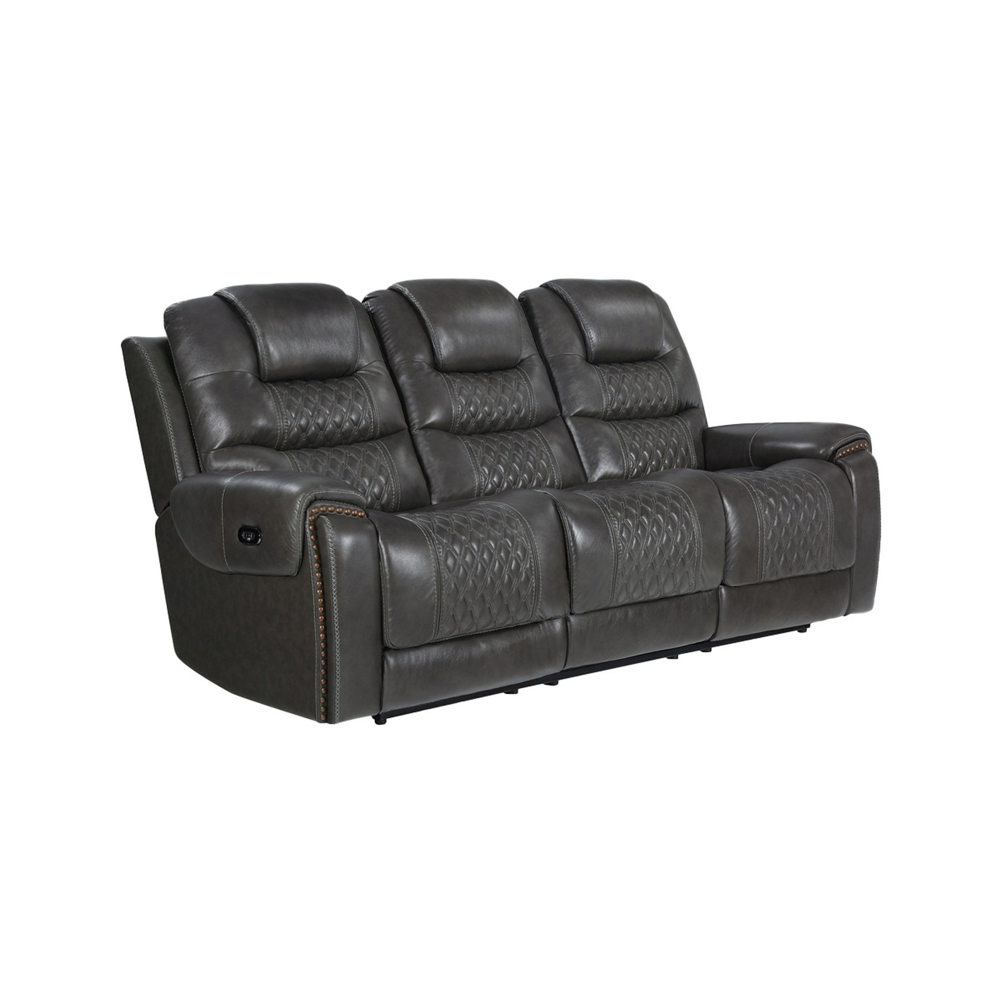 Nailhead Leatherette Power Recliner Sofa with Diamond Tufting, Gray