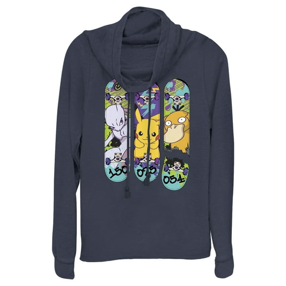 Junior's Pokemon Mewtwo, Pikachu, and Psyduck Skateboard Decks Cowl Neck Sweatshirt Navy Blue X Large