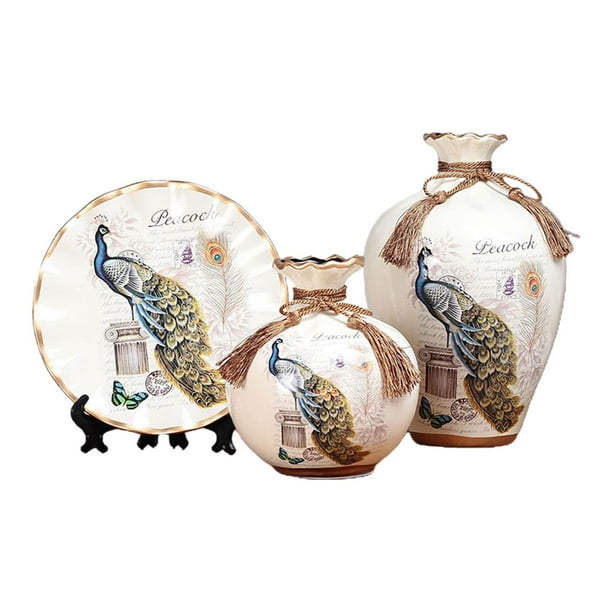 3 jarrones de cerámica clásicos con decoración de pavo , jarrón floral, soporte para de