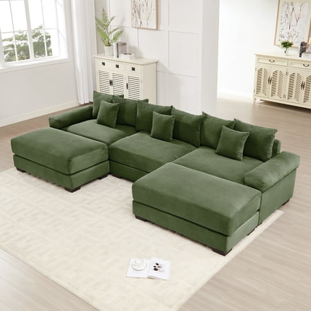 Modular Sectional Sofa 130 Oversized Cloud Couch in Green Corduroy Fabric 3-Seater Deep Seat with Wide Armrests and Movable Ottoman Ergonomic Design for Living Room Lounges