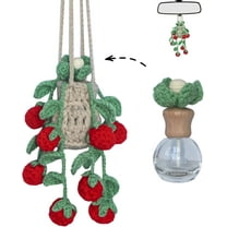 Handmade Crochet Hanging Car Air Freshener - Sweet Cherry Charm with 12ml Refillable Glass Essential Oil Bottle, Cute Car Accessories for Women & Bedroom Floral Decor