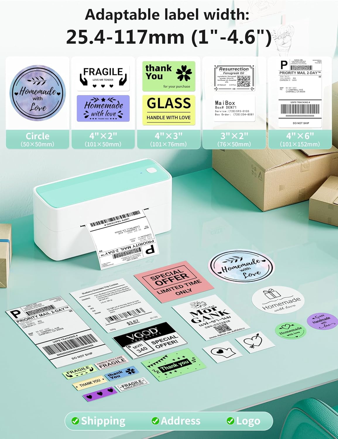 Bluetooth Thermal Shipping Label Printer, 241BT Wireless Thermal Label Printer for Shipping Packages, Inkless Thermal Shipping Label Printer, Compatible with iPhone, Android, Green
