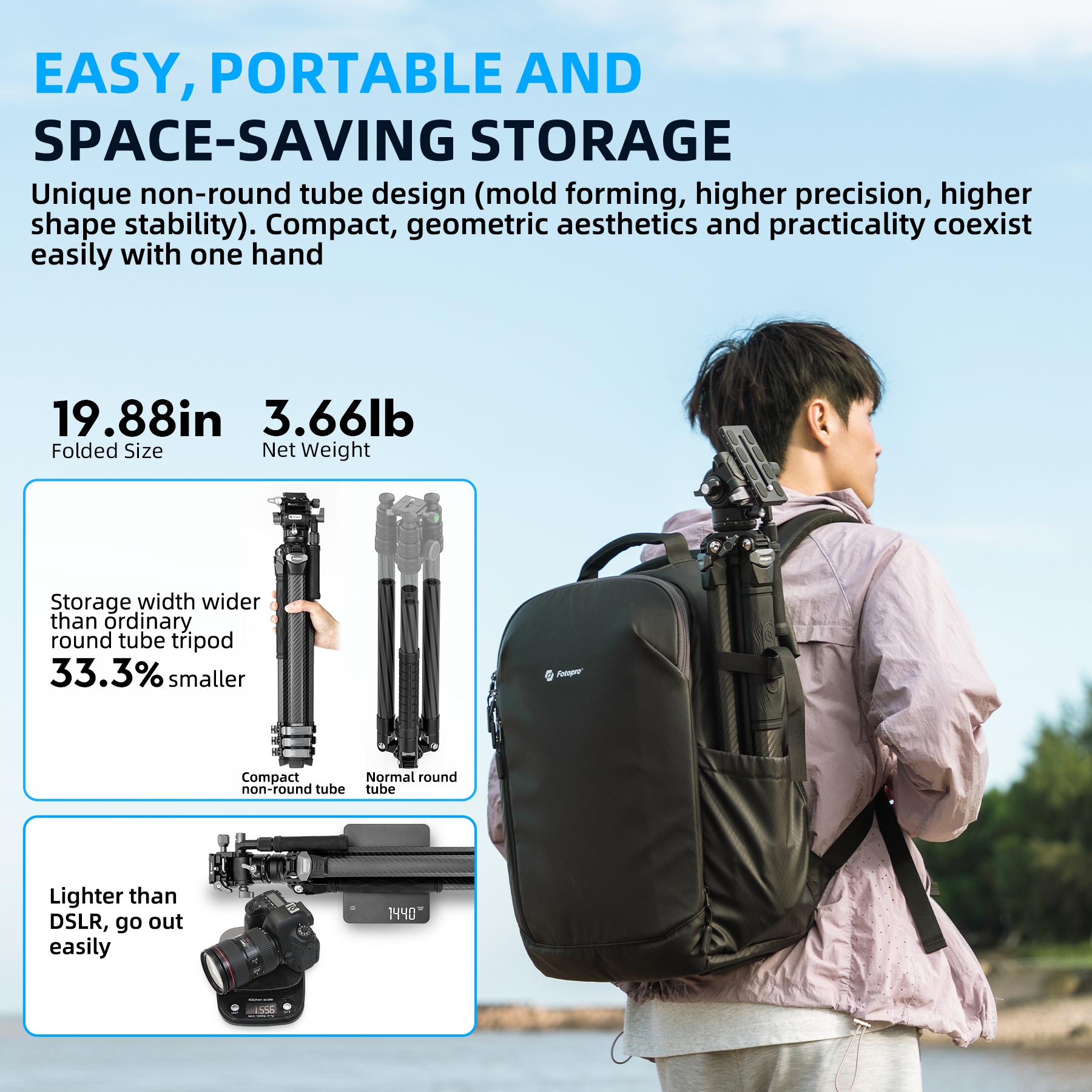 Fotopro Origin Plus Video Tripod, 60" Carbon Fiber Camera Tripod for Travel, Fluid Video Head, Flip Lock, Black