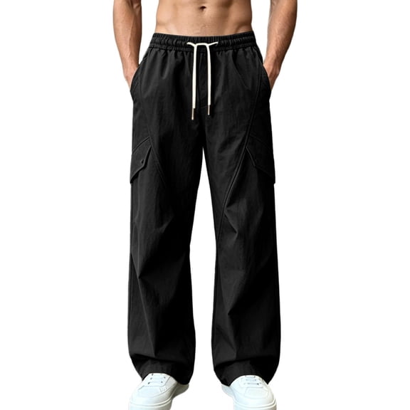 CHGBMOK Men's Big & Tall Wide Leg Pants Drawstring Elastic Waist Straight Trousers Loose Fit Streetwear with Flap Pockets