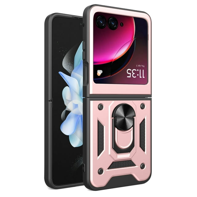 Compatible with Motorola Razr Ultra 2025 Case with Sliding Camera Lens Cover and Ring Kickstand Heavy Duty Military Grade Rugged Protection Shockproof Back Phone Cover, Rosegold