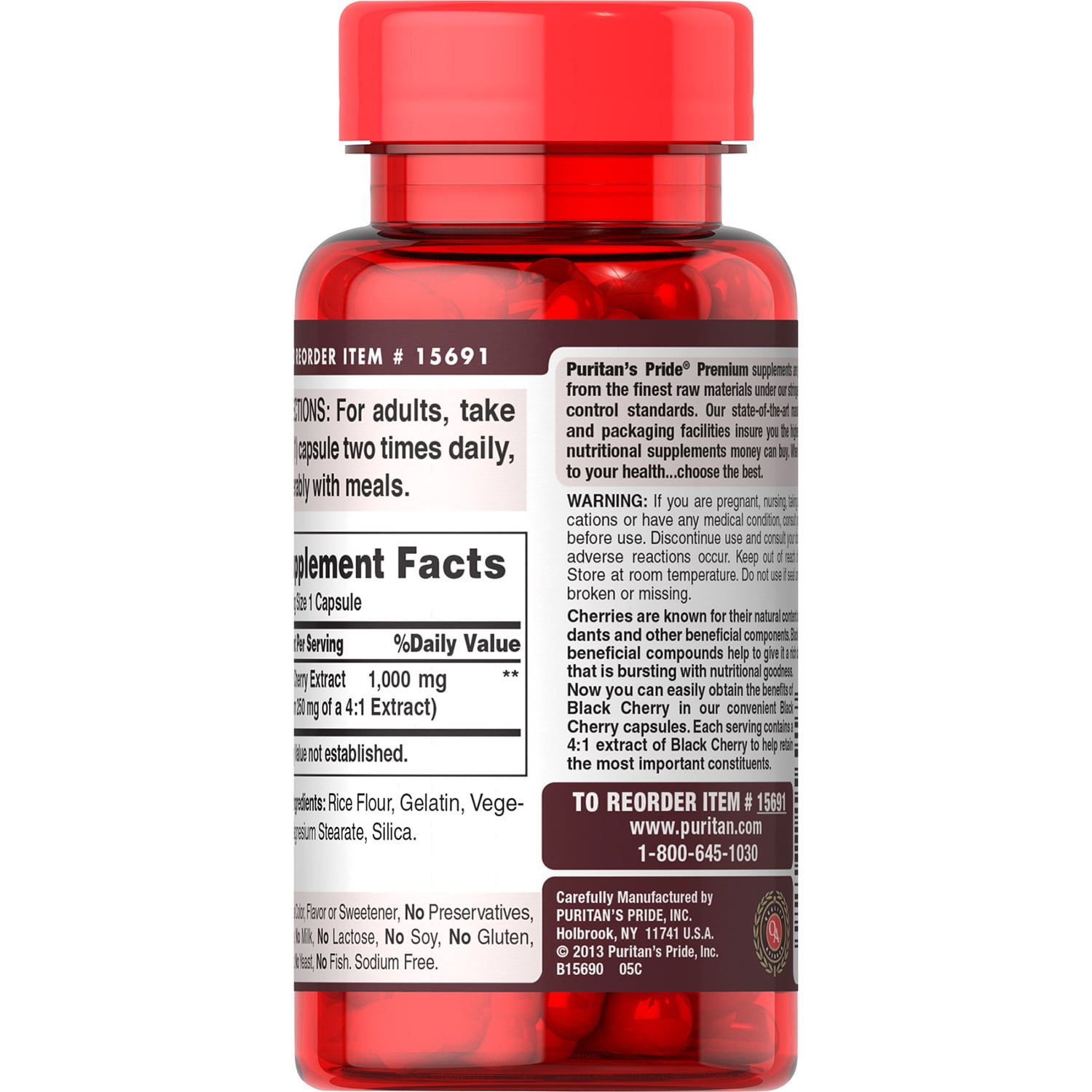 Puritans Pride Black Cherry 1000 mg Capsules, 100 Count