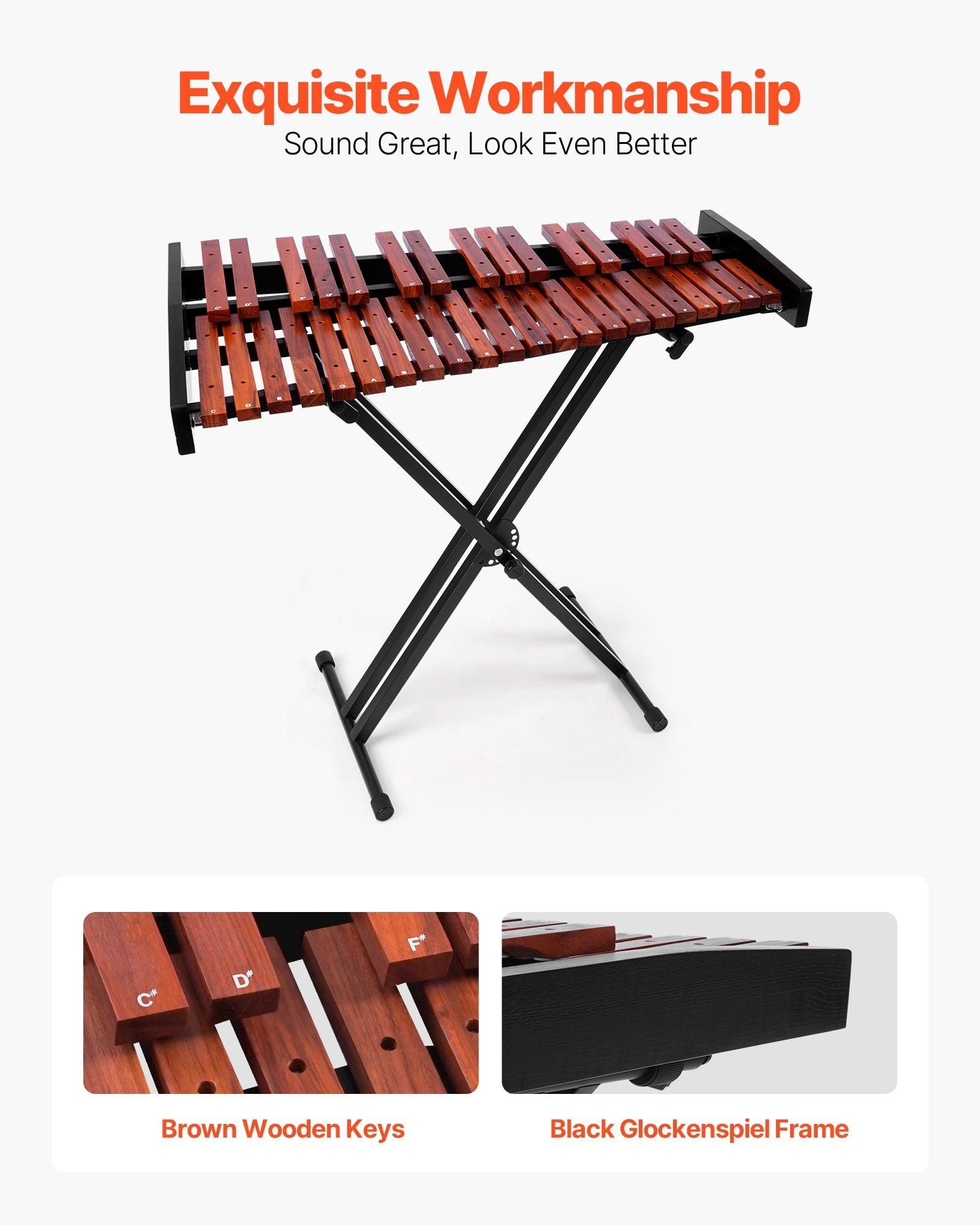 Glockenspiel Xylophone, 37 Notes, Wooden Professional Xylophone Percussion Instrument, with Height Adjustable Stand, 4 Mallets, Carrying Bag, Beginner Musical Instrument Kit for Adults and Kids