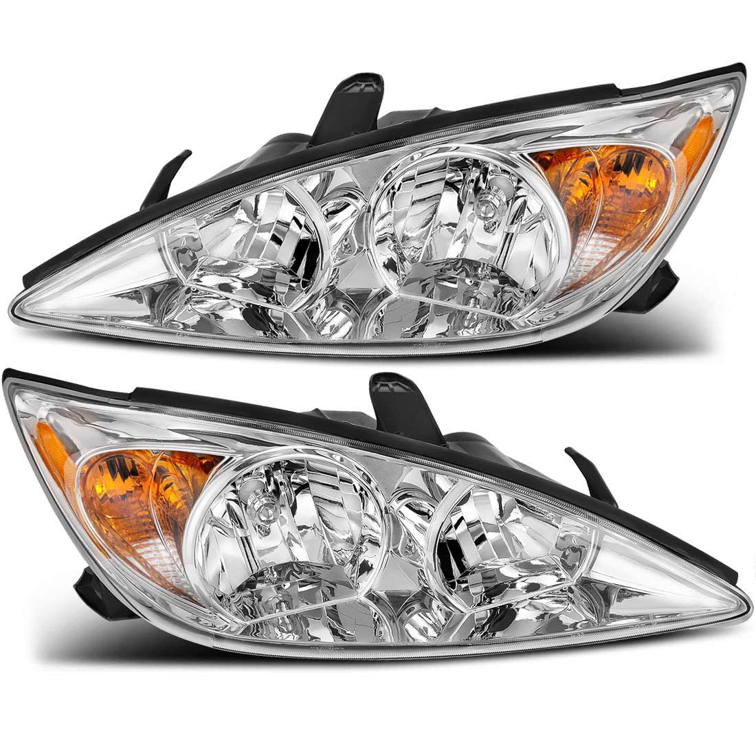 OEDRO Compatible with 2002-2004 Toyota Camry Headlight Chrome Housing Amber Reflector Clear Lens 