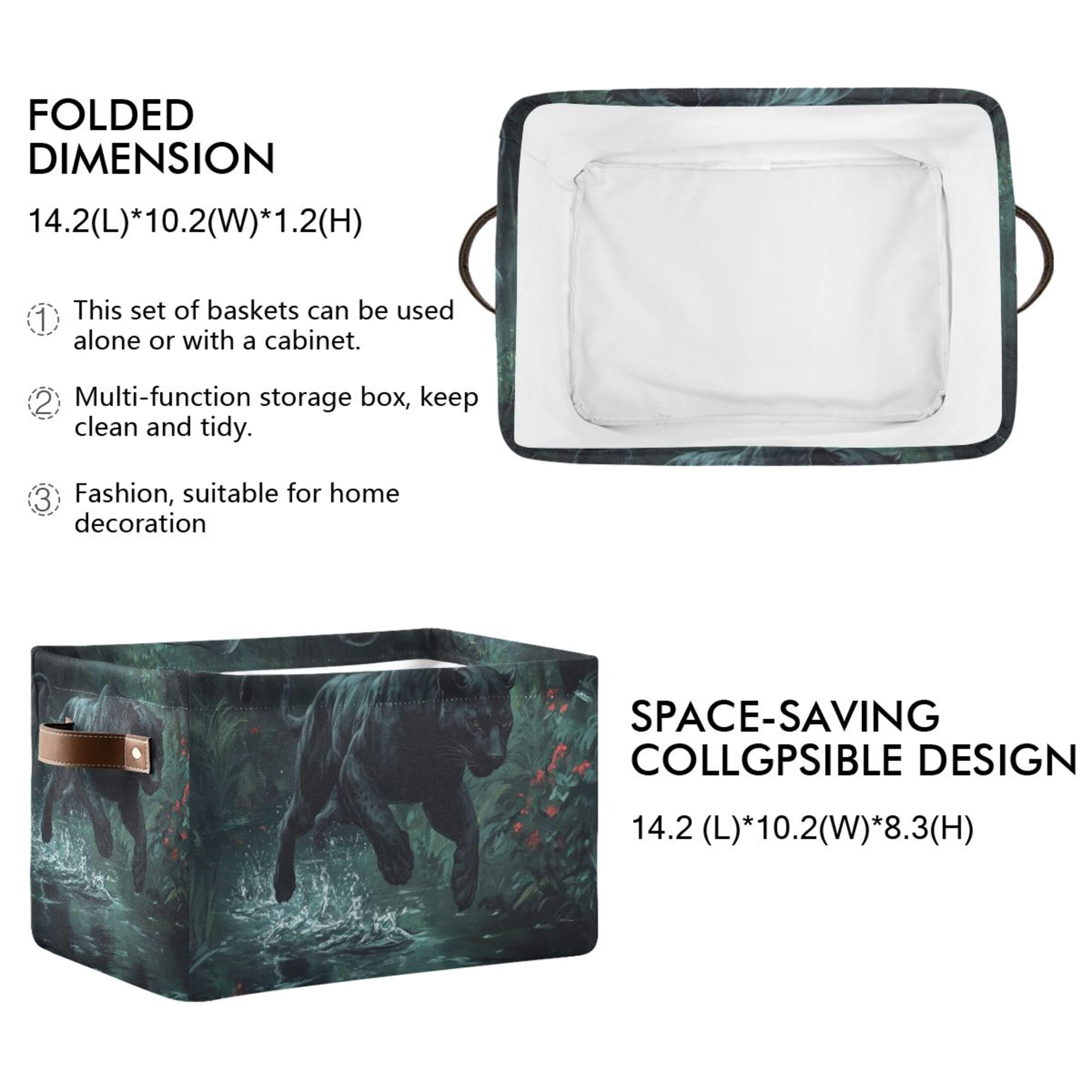 WOBOGO Black Panther Leaping over Water Square Storage Basket with Waterproof Canvas and PE Lining Durable PU Leather Handles 14.2×10.2×8.3in