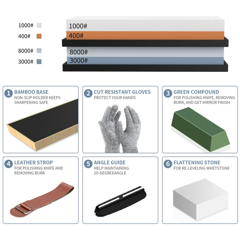 Knife Sharpening Stone Set, 4 Side Grit 400/1000 3000/8000