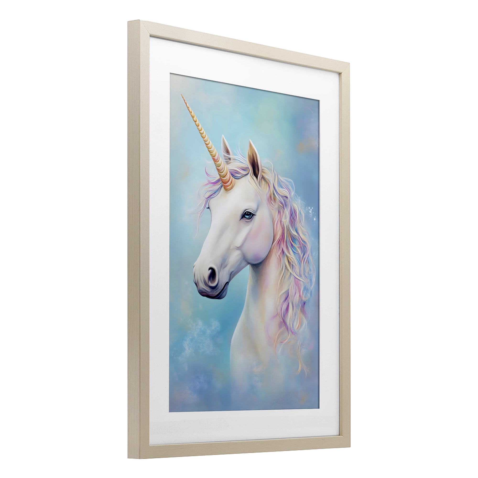 Stupell Industries White Unicorn on Blue Birch Framed Print Under Glass, design by Creative Studio