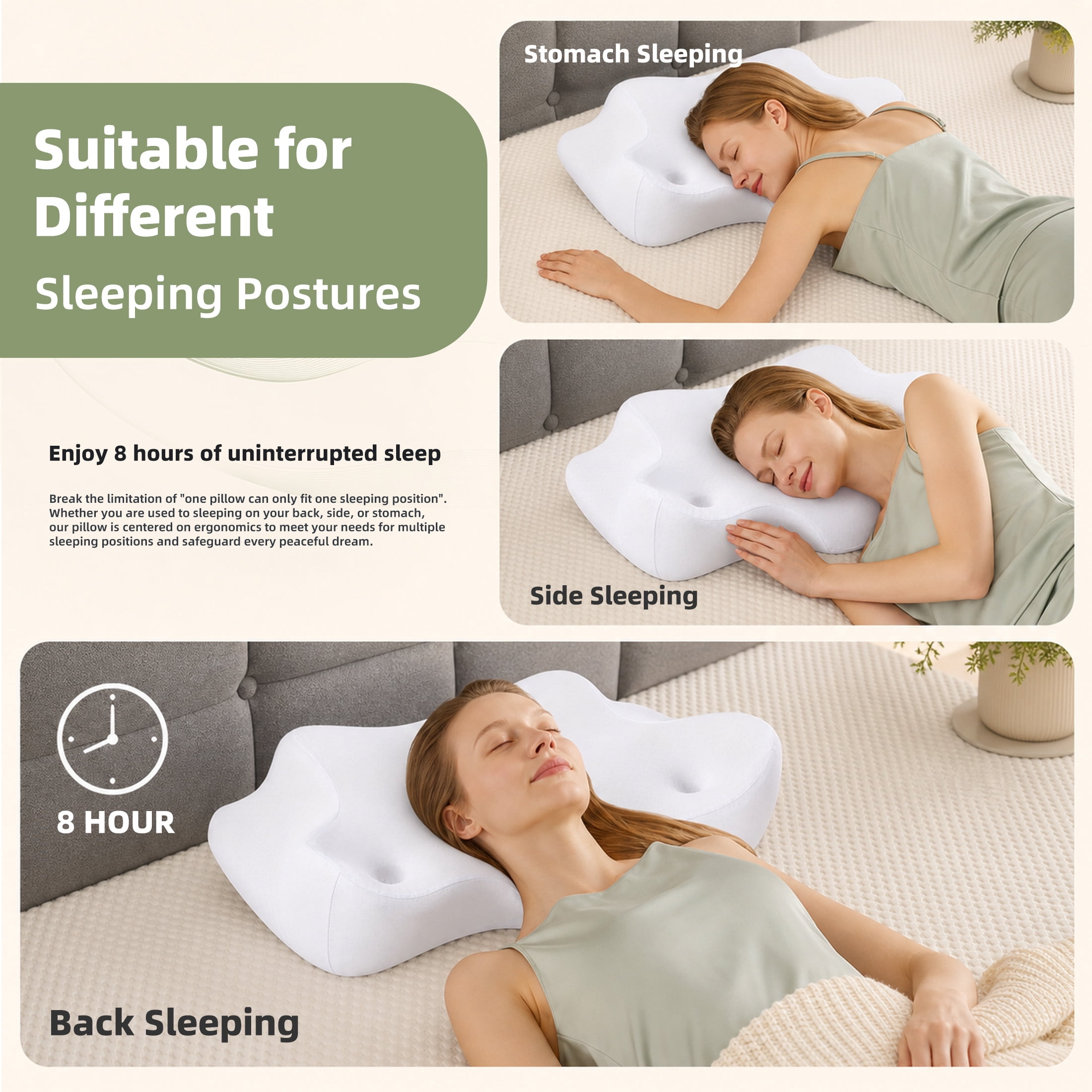 EDX 24 x 16 inch Cervical Ergonomic Pillow - Memory Foam Neck Pain Relief for Side/Back/Stomach Sleepers,White