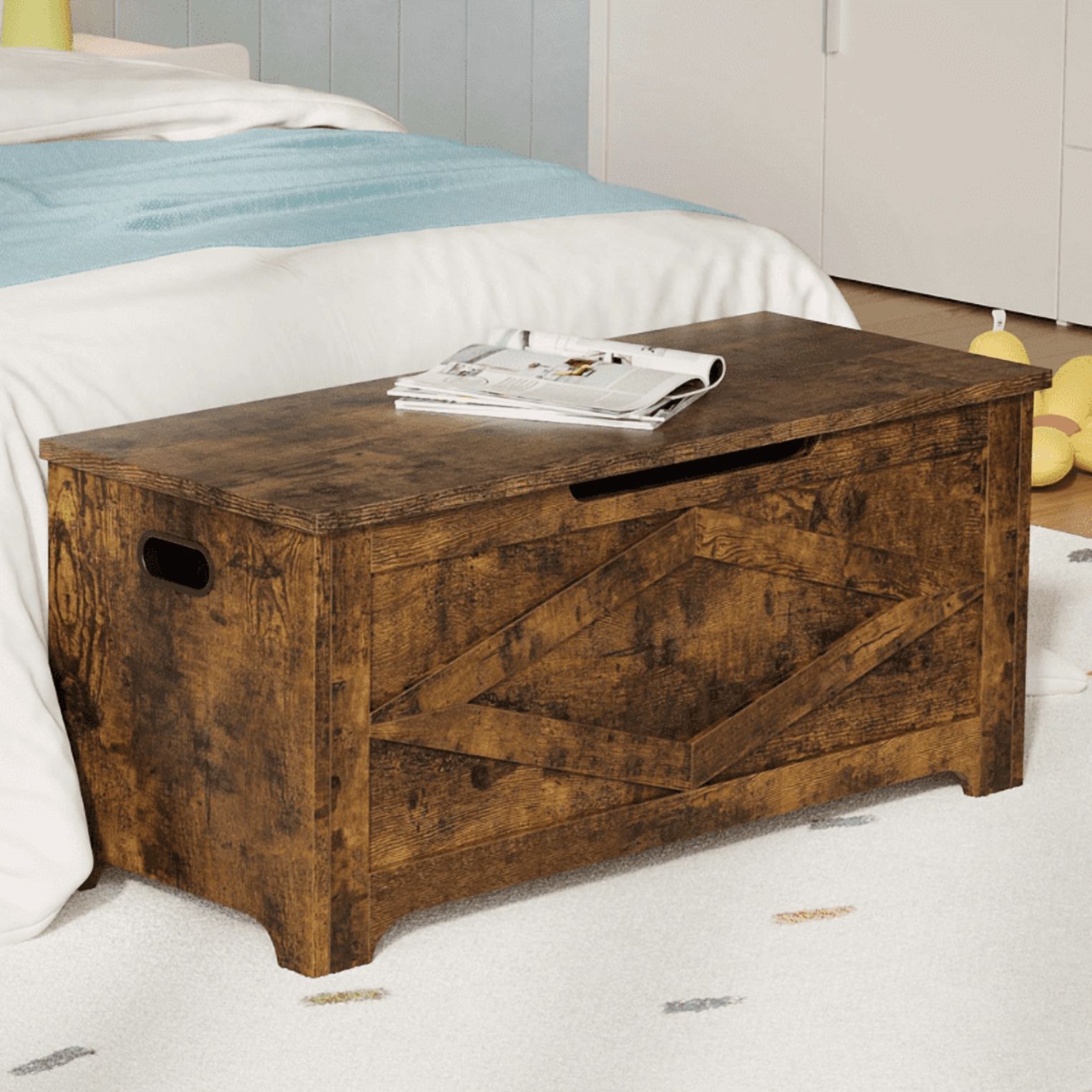 Huisuilinss Storage Chest,Farmhouse Storage Bench,Wood Toy Chest With Safety Hinge,End Of Bed Bench,Storage Trunk,Entryway Organizer For Entryway Bedroom Living Room