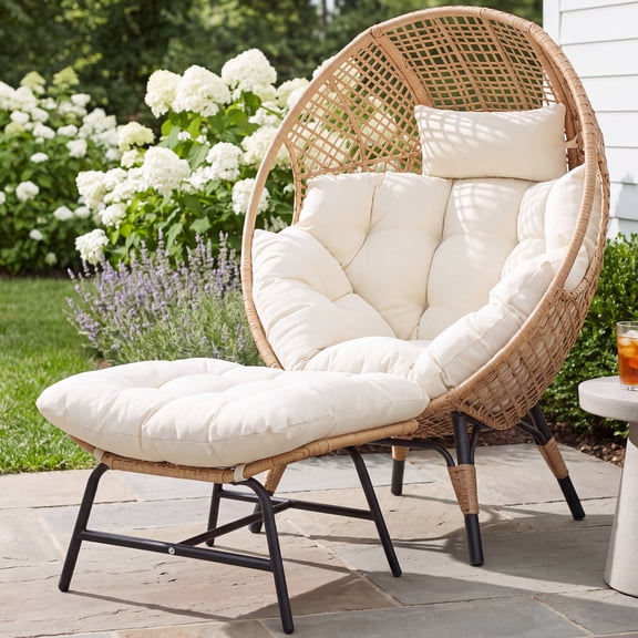 RADIATA Patio Egg Chair with Foot Rest, Oversized Rattan Egg Shaped Chair with Cushion, 440lbs Weight Capacity for Indoor Outdoor Patio Balcony, Beige