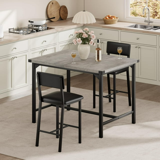 Yiwa Counter Height Dining Set for 2, Table with Backrest Stools, Footrest, Corner Protector, Ideal for Apartments
