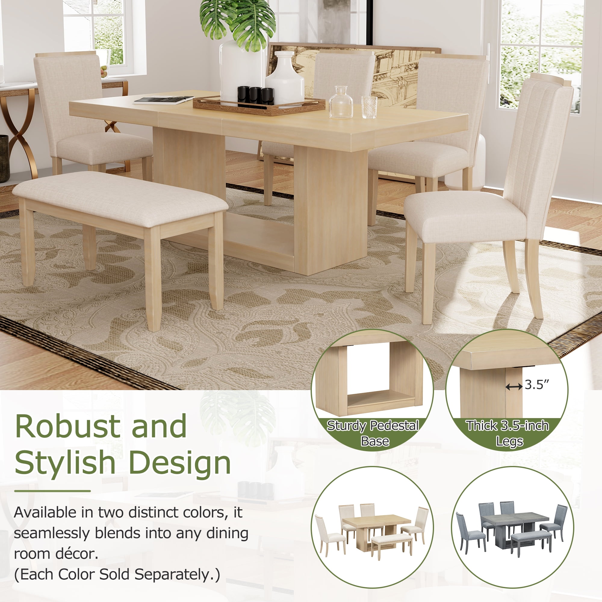 Harper & Bright Designs Rectangular Extendable Dining Table Set with Bench for 6, Wood Kitchen Dining Table with Removable Leaf, 4 Upholstered Dining Chairs for Dining Room, Natural+Beige