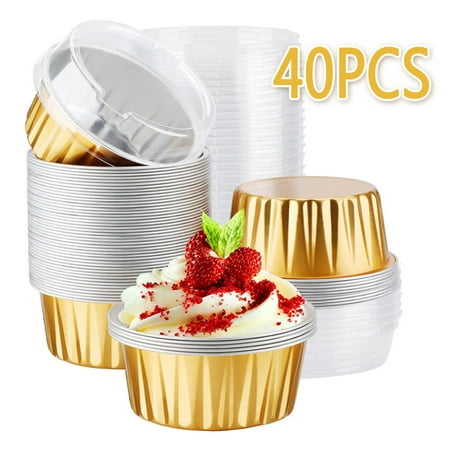 

40 Pieces Cupcake Cups with Lid 125ml Foil Box Foil Cup Baking Pudding Disposable Tin Foil Cupcake Cup(Golden)