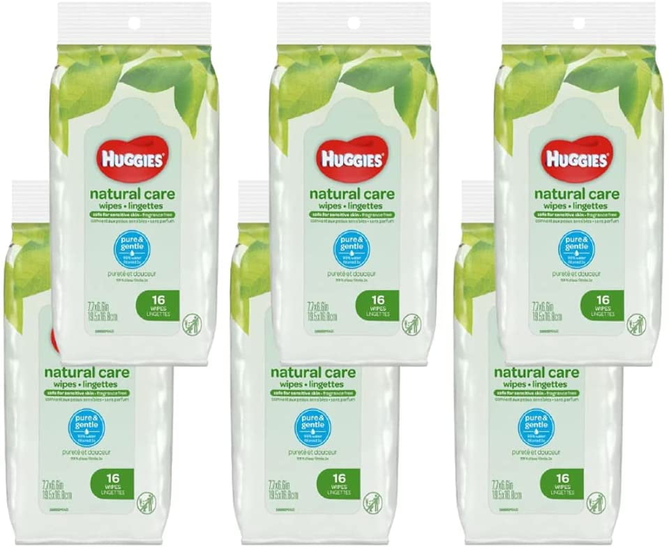 Pure & Gentle Unscented Travel Size Sanitizing Wipes Ideal for Daily Use Baby Hand Wipes for All Skin Types - Safe Sanitizing Wipes with Vitamin E & Aloe | 16 Wipes per Pack, Pack of 6