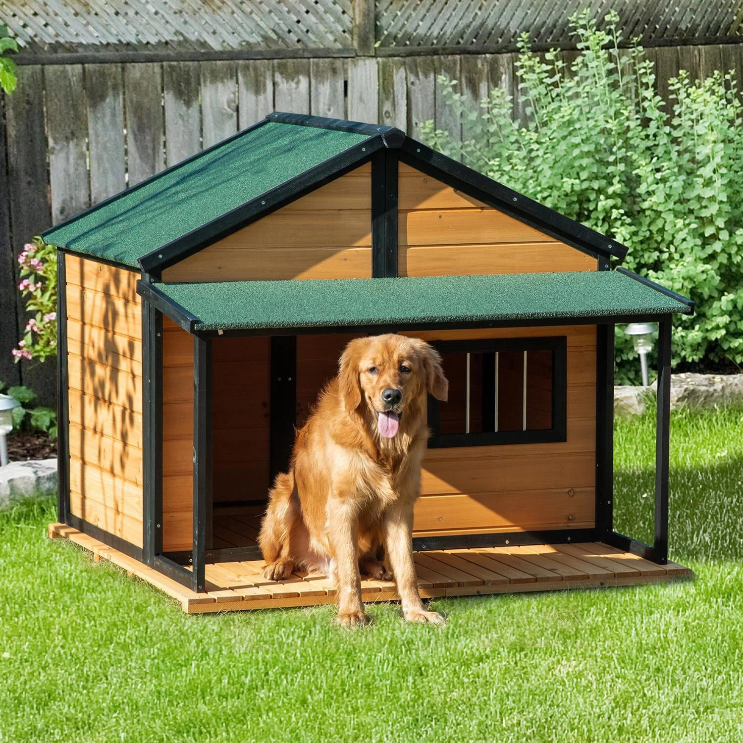 Pefilos 50" Outdoor Cabin Style Dog House with Porch, Wooden Dog Kennel Weatherproof for Small to Medium Dogs, Yellow